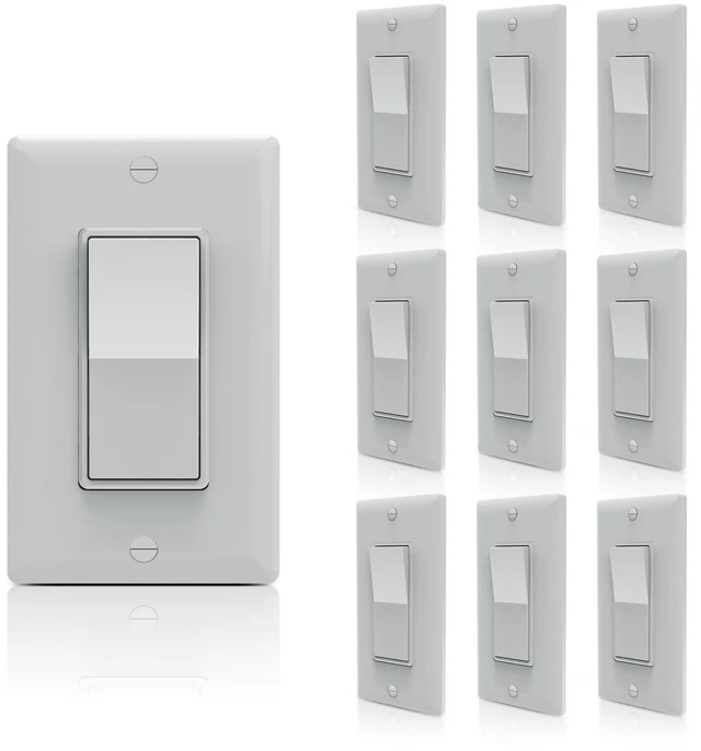 Main image of TOPELER Decorator Paddle Light Switch with Wallplates, Single Pole Wall Rocker Switch, 15A 120V/277V, Self-grounding, Residential Grade Electrical Switches, 10 Pack, Gray