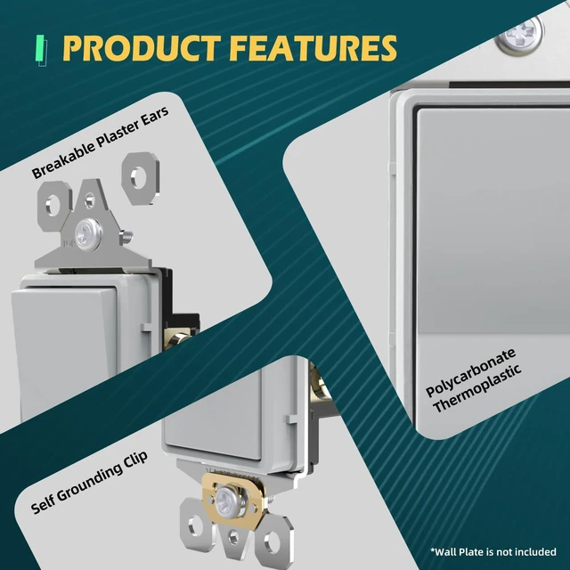 Alt view image 3 of 7 - TOPELER Decorator Paddle Light Switch with Wallplates, Single Pole Wall Rocker Switch, 15A 120V/277V, Self-grounding, Residential Grade Electrical Switches, 10 Pack, Gray