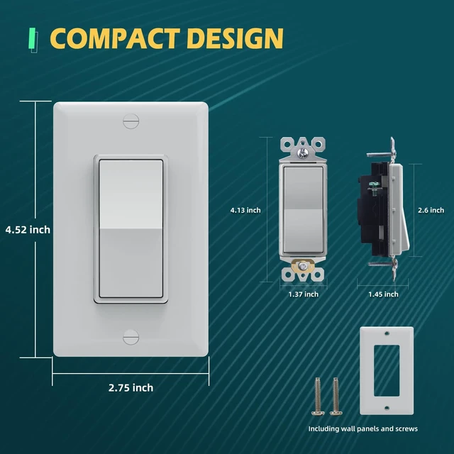 Alt view image 4 of 7 - TOPELER Decorator Paddle Light Switch with Wallplates, Single Pole Wall Rocker Switch, 15A 120V/277V, Self-grounding, Residential Grade Electrical Switches, 10 Pack, Gray