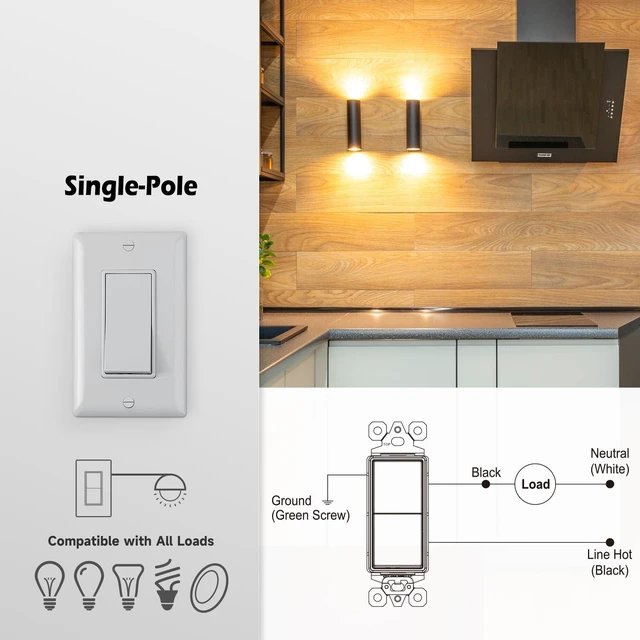 Alt view image 7 of 7 - TOPELER Decorator Paddle Light Switch with Wallplates, Single Pole Wall Rocker Switch, 15A 120V/277V, Self-grounding, Residential Grade Electrical Switches, 10 Pack, Gray