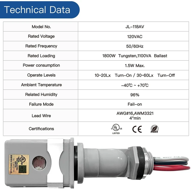 Alt view image 3 of 7 - Wired Photoelectric Switch 2pcs Outdoor Lighting Sensor, 30-120s Time Delay | 180° Swivel, Temperature Compensation, UL773A Certified Weather-Resistant for Outdoor Passage/Doorway Lights