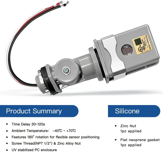Alt view image 6 of 7 - Wired Photoelectric Switch 2pcs Outdoor Lighting Sensor, 30-120s Time Delay | 180° Swivel, Temperature Compensation, UL773A Certified Weather-Resistant for Outdoor Passage/Doorway Lights