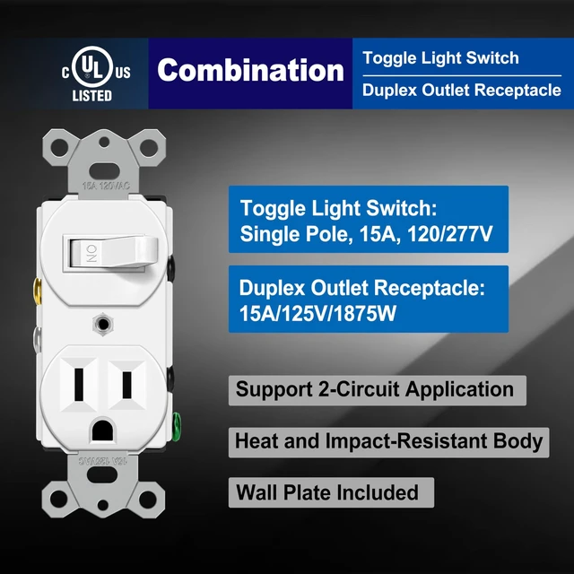 Alt view image 2 of 7 - BESTTEN 6 Pack Combination Toggle Light Switch and Duplex Receptacle | Outlet