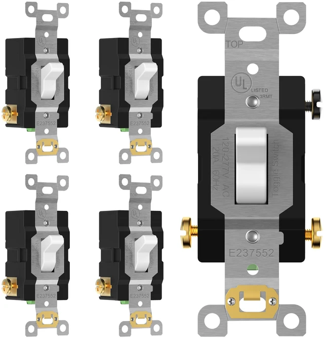 Main image of TG20 Amp Commercial Toggle Light Switch, 3-Way Wall Switch, 5 Pack, White | UL Listed, Heavy-Duty Build, Commercial/Industrial Grade, Back & Side Wire High-Power Rated, 120V/277V AC, Easy Installation