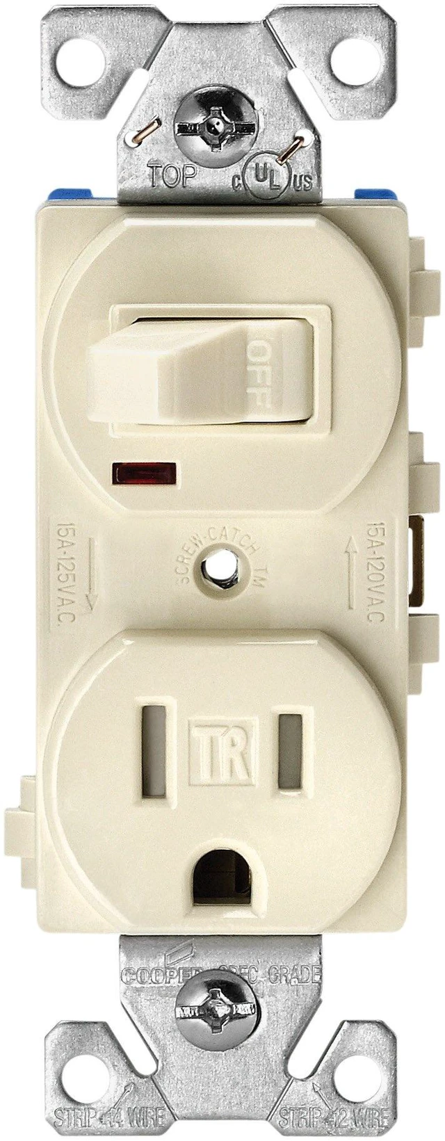 Main image of Eaton TR274LA 3-Wire Receptacle Combo Single-Pole Switch with Tamper Resistant 2-Pole, Light Almond