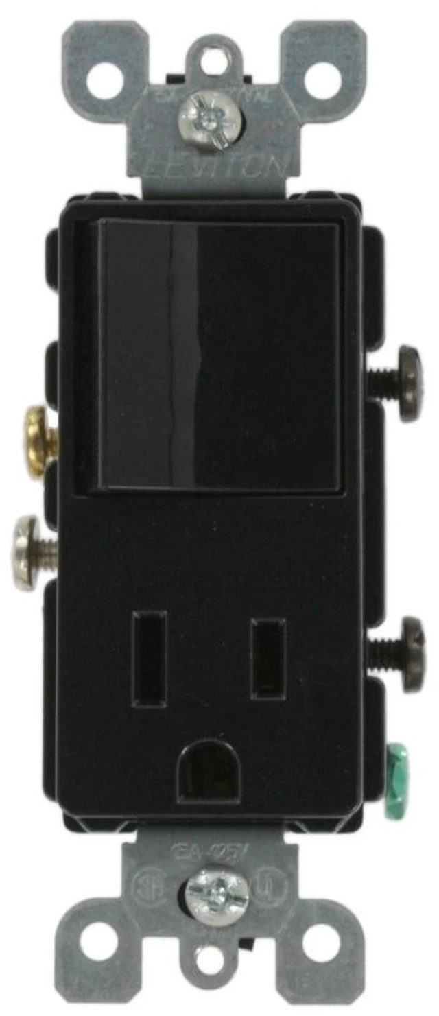 Main image of Leviton 15 Amp, 120 Volt, Decora Single-Pole, AC Combination Switch, Commercial Grade, Grounding, 5625-E, Black
