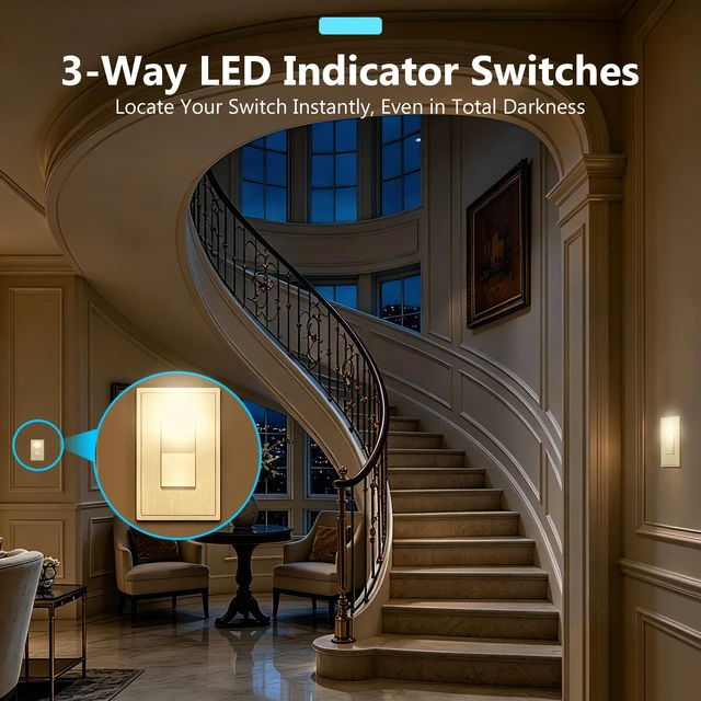 Alt view image 3 of 7 - LIDER Lighted Decorator Switch, Frameless Paddle Light Switch, 3-Way, 15A | Locator Light, UL Listed, Matte Gold, Grounding Screw, Guide Light, Single-Pole Compatible, Ogee Edge Screwless Wall Plate