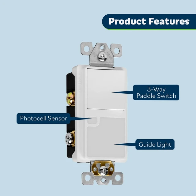 Alt view image 2 of 7 - LED Guide Light Paddle Switch with Auto Daylight Sensor, White | Night Light with Auto Daylight Sensor, 125VAC/15A 3-Way/ Single Pole, UL listed, Dim white LED for Hallway, Stairs, Bathroom.