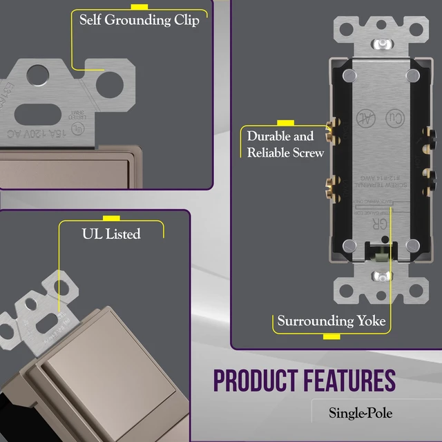 Alt view image 3 of 7 - ENERLITES Nickel Double Paddle Decorator Single Pole Switch, 15A, 1 Pack | Rocker Combination design, 120-277VAC, Clamp-Type Back Insert Wiring, Copper Wires Only, Residential/Commercial Grade