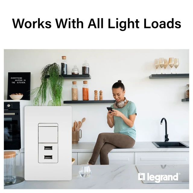 Alt view image 4 of 7 - Legrand Pass & Seymour TM83USBWCCV4 15 Amp Combination Decorator Rocker Light Switch and Type A USB Charging Ports, 3-Way, White (1 Count)