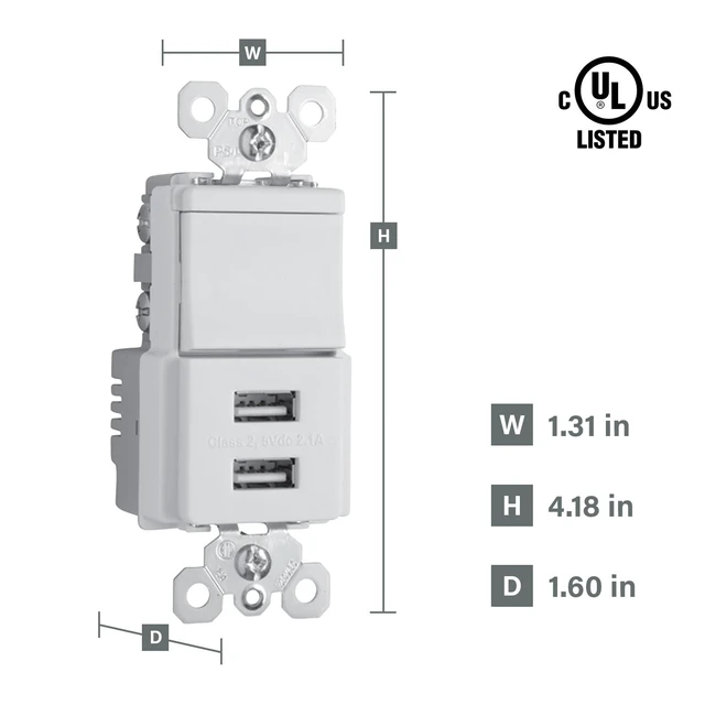 Alt view image 2 of 7 - Legrand Pass & Seymour TM83USBWCCV4 15 Amp Combination Decorator Rocker Light Switch and Type A USB Charging Ports, 3-Way, White (1 Count)