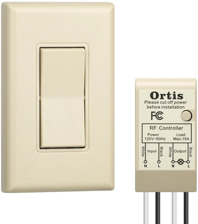 Main image of Wireless Light Switch and Receiver Kit, Ortis 300ft RF Range Wireless Wall Switches for Lights, Fans, Battery Included, No Wiring Needed, Light Almond