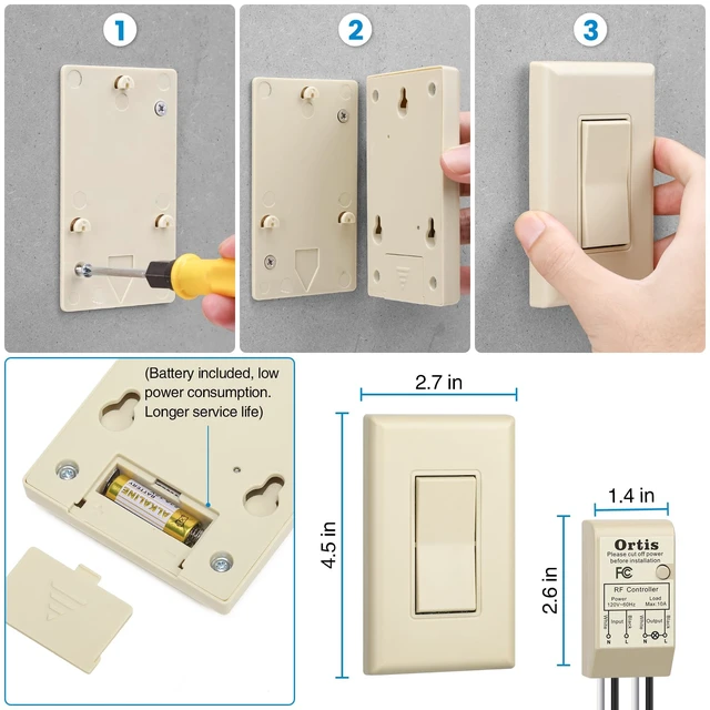 Alt view image 6 of 7 - Wireless Light Switch and Receiver Kit, Ortis 300ft RF Range Wireless Wall Switches for Lights, Fans, Battery Included, No Wiring Needed, Light Almond