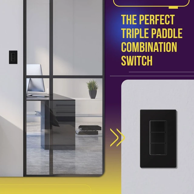 Alt view image 3 of 7 - ENERLITES Black Triple Paddle Decorator Single Pole Switch, 15A, 1 Pack | Rocker Combination design, 120-277VAC, Clamp-Type Back Insert Wiring, Copper Wires Only, Residential/Commercial Grade