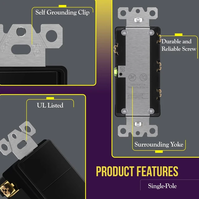 Alt view image 4 of 7 - ENERLITES Black Triple Paddle Decorator Single Pole Switch, 15A, 1 Pack | Rocker Combination design, 120-277VAC, Clamp-Type Back Insert Wiring, Copper Wires Only, Residential/Commercial Grade
