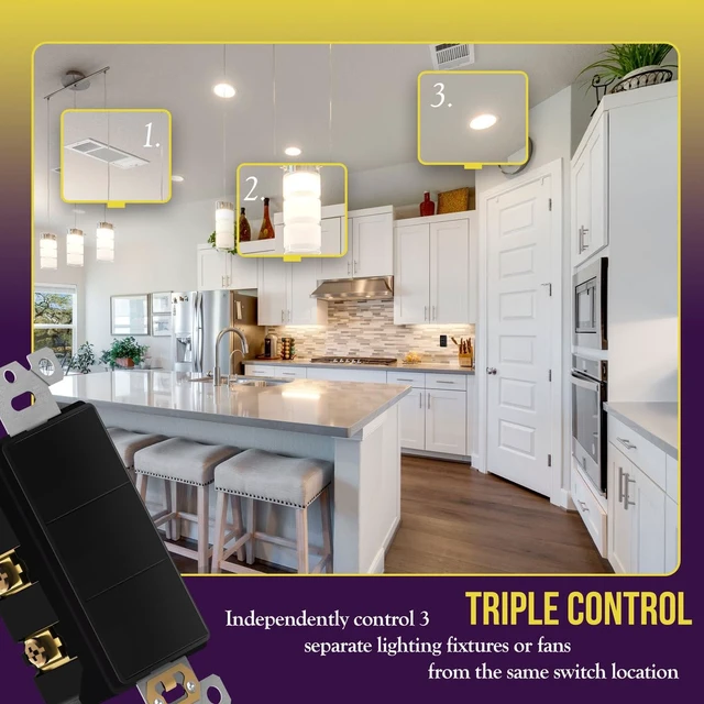 Alt view image 2 of 7 - ENERLITES Black Triple Paddle Decorator Single Pole Switch, 15A, 1 Pack | Rocker Combination design, 120-277VAC, Clamp-Type Back Insert Wiring, Copper Wires Only, Residential/Commercial Grade