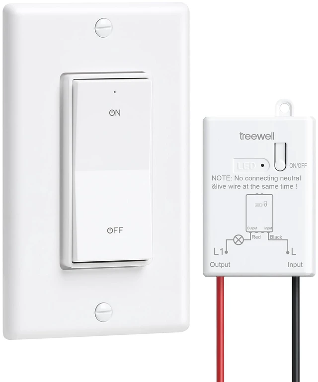 Main image of TREEWELL Wireless Light Switch and Receiver Kit, No Neutral Wire Needed | 200FT Long Range, 2A, 100W LED, 200W Tungsten, Decorator Rocker Wall Switch, No Rewiring, Ideal for Old Homes, Programmable