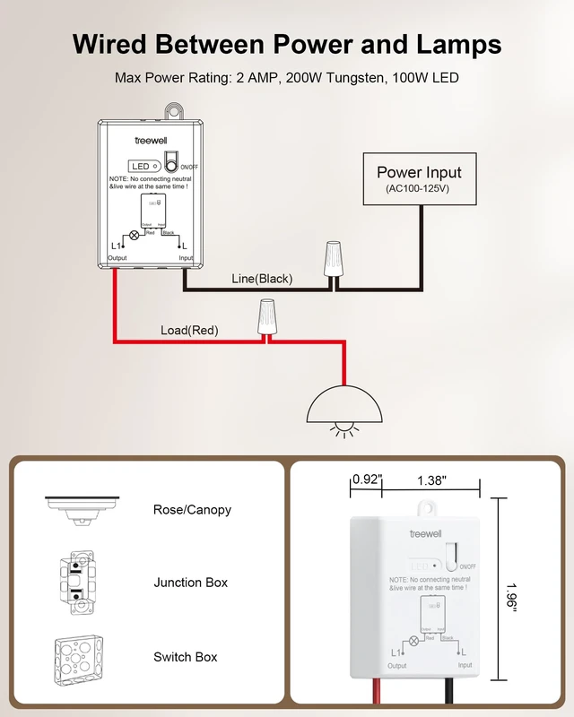 Alt view image 6 of 7 - TREEWELL Wireless Light Switch and Receiver Kit, No Neutral Wire Needed | 200FT Long Range, 2A, 100W LED, 200W Tungsten, Decorator Rocker Wall Switch, No Rewiring, Ideal for Old Homes, Programmable
