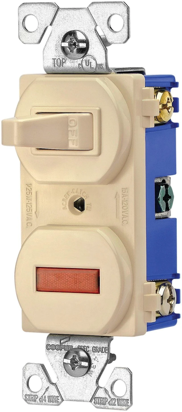 Main image of Eaton 277V 15-Amp 120-volt Combination Single Pole Toggle Switch and Pilot Light with Back and Side Wiring, Ivory