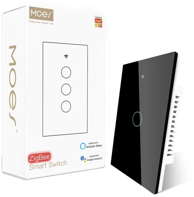 Main image of MOES Zigbee Smart Switch 1 Gang, Need MOES Zigbee Hub & Neutral Wire, Black | Smart Light Switch, Work as Relay, Support Tuya Smart Life, Compatible with Home Assistant / Zigbee2MQTT, Glass Panel