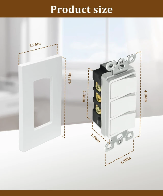 Alt view image 3 of 5 - P3RW Three-Rocker Wall Switch Fits for Screwless Wall Plate Cover, Light Switch Combo for Bathroom Exhaust Fan, White Multi-Function Control