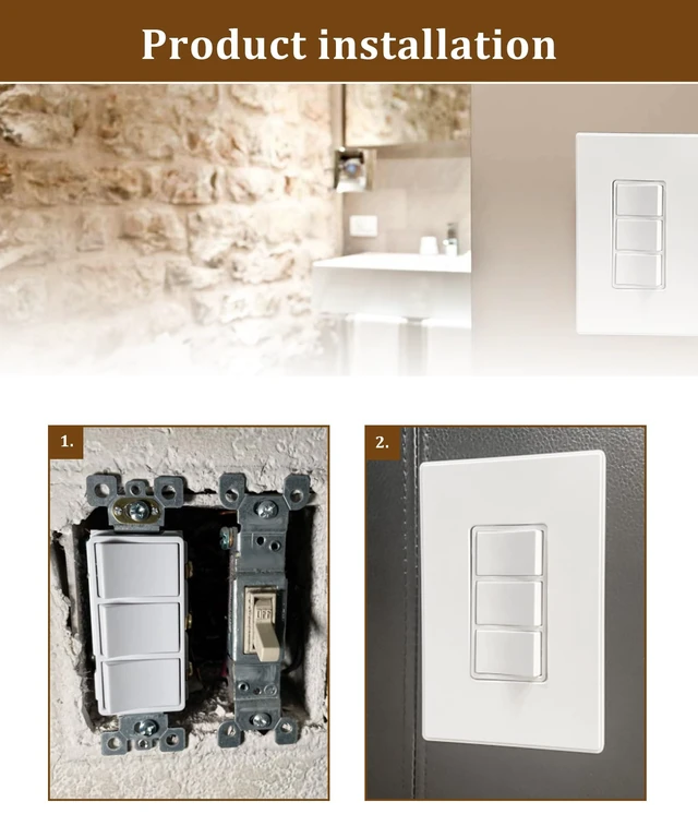Alt view image 5 of 5 - P3RW Three-Rocker Wall Switch Fits for Screwless Wall Plate Cover, Light Switch Combo for Bathroom Exhaust Fan, White Multi-Function Control