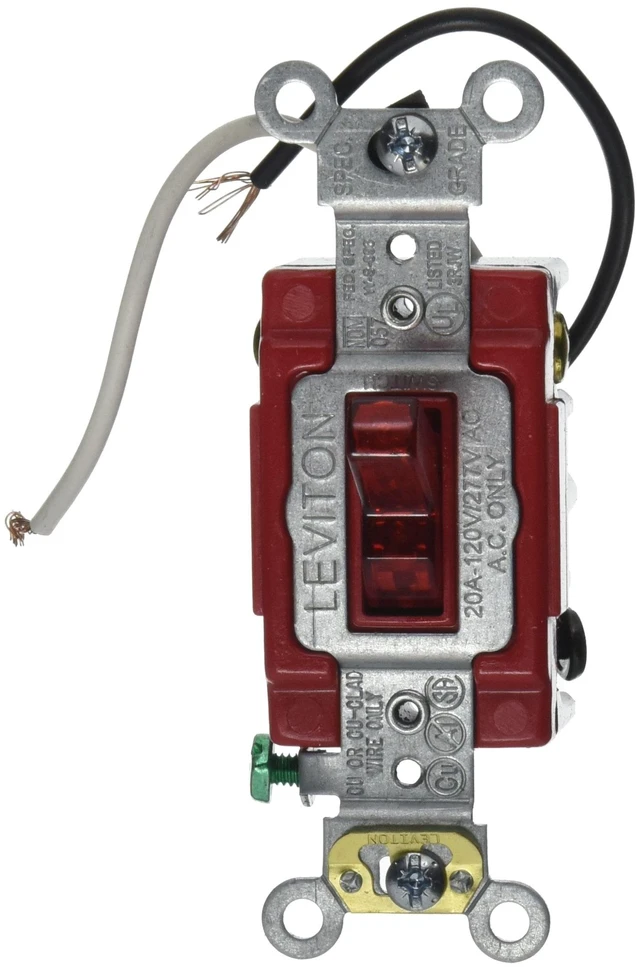 Main image of Leviton 20-Amp, 120 Volt, Toggle Pilot Light, Illuminated On, Req. Neutral, 3-Way AC Quiet Switch, Extra Heavy Duty Grade, Self Grounding, Back and Side Wired, 1223-PLR, Red