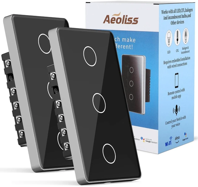 Main image of AEOLISS 2.4GHz WiFi Smart Touch Wall Single Fire Smart Light Switch, Need Neutral Wire, Glass Panel Light Switch Work with Smart Life/Tuya App, Alexa and Google Home (Black 3 Gang)