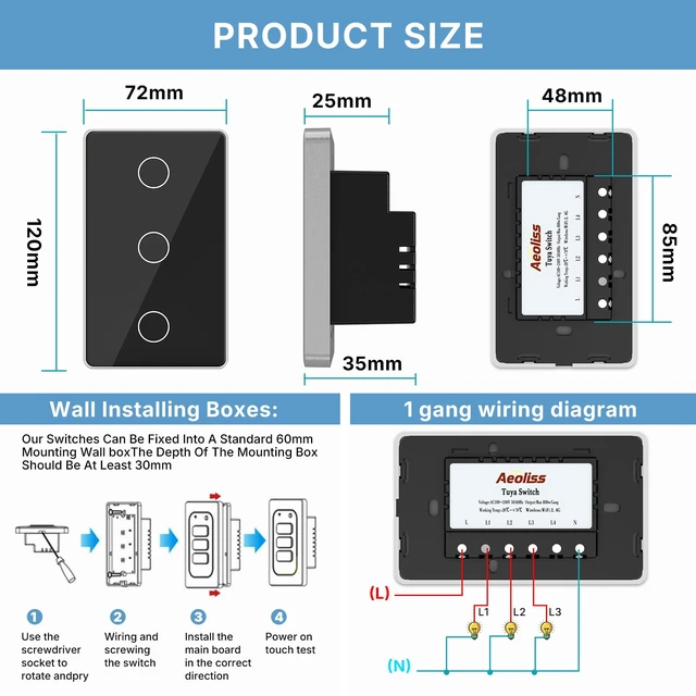 Alt view image 2 of 7 - AEOLISS 2.4GHz WiFi Smart Touch Wall Single Fire Smart Light Switch, Need Neutral Wire, Glass Panel Light Switch Work with Smart Life/Tuya App, Alexa and Google Home (Black 3 Gang)