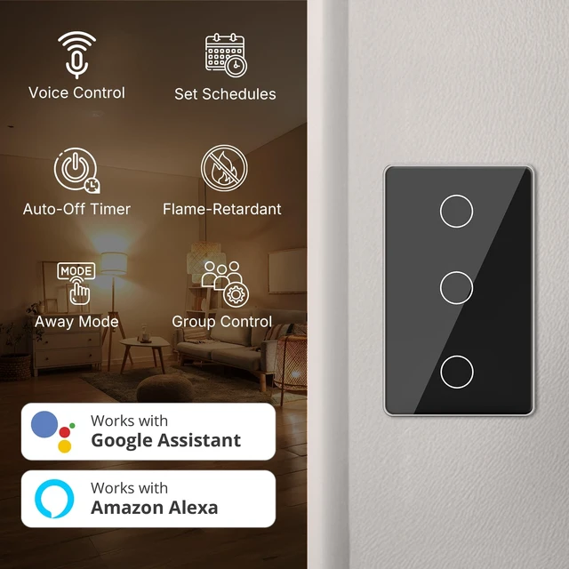 Alt view image 3 of 7 - AEOLISS 2.4GHz WiFi Smart Touch Wall Single Fire Smart Light Switch, Need Neutral Wire, Glass Panel Light Switch Work with Smart Life/Tuya App, Alexa and Google Home (Black 3 Gang)
