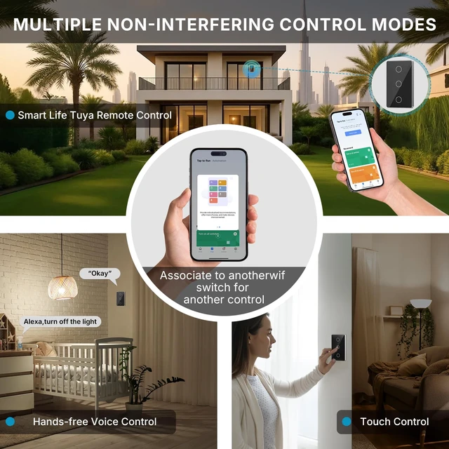 Alt view image 5 of 7 - AEOLISS 2.4GHz WiFi Smart Touch Wall Single Fire Smart Light Switch, Need Neutral Wire, Glass Panel Light Switch Work with Smart Life/Tuya App, Alexa and Google Home (Black 3 Gang)