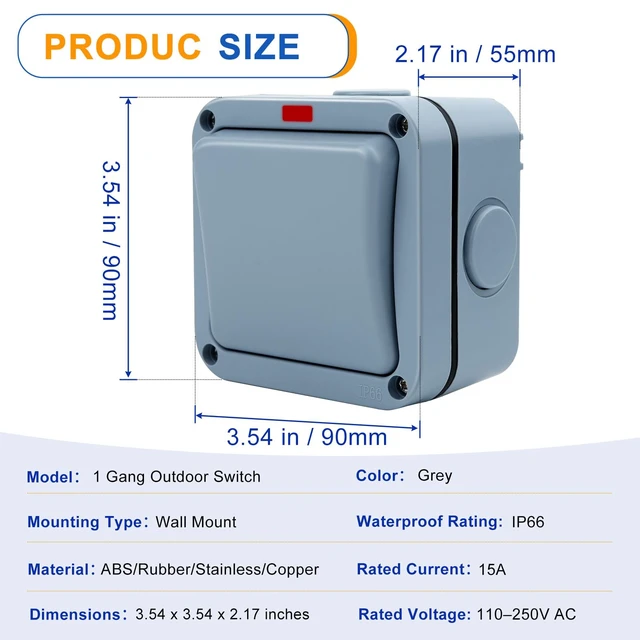 Alt view image 3 of 7 - NineLeaf 1 Gang Outdoor Light Switch, IP66 15A 110-250V SPDT Waterproof Exterior Wall Electrical Switch for Garden, Patio, Balcony, Pool, Outside Use