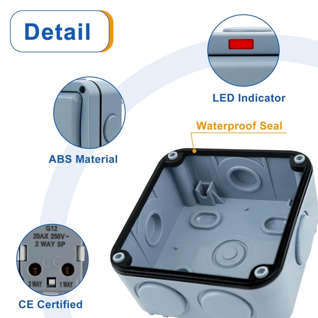 Alt view image 5 of 7 - NineLeaf 1 Gang Outdoor Light Switch, IP66 15A 110-250V SPDT Waterproof Exterior Wall Electrical Switch for Garden, Patio, Balcony, Pool, Outside Use