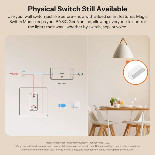 Alt view image 6 of 6 - SONOFF Basic-1GS Gen5 Matter Wi-Fi Smart Switch, Needs Neutral Wire, DIY Smart Home Automation Module, Compatible with Apple Home, Alexa & Google Assistant, No Hub Required, White, 4 Pack