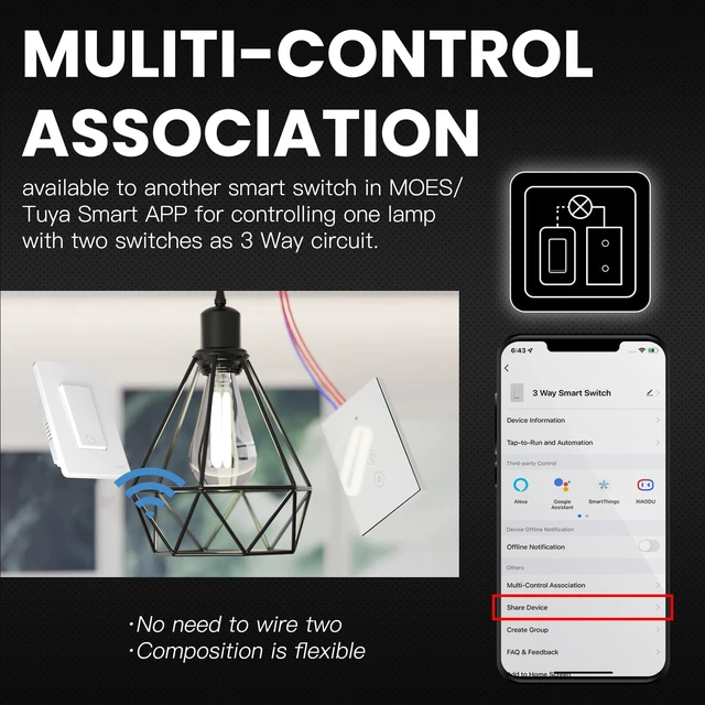 Alt view image 4 of 7 - MOES Star Ring WiFi Smart Light Switch, Voice Alexa Google, 1 Gang Black | Star Ring Night Guide Glow, 2.4GHz WiFi No Hub Required, Smart Life App, Timer Away Mode, Single Pole Neutral Wire 10A
