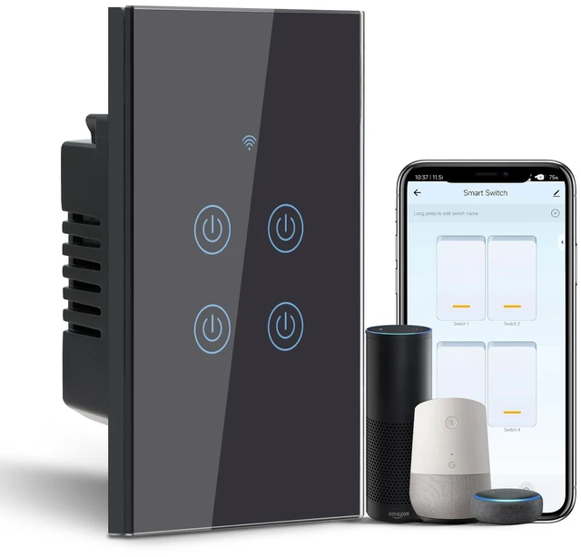 Main image of BSEED Smart Light Switch, 4 Gang WiFi Alexa Light Switch with Remote APP Control and Timing Function, Single Pole Black Light Switches Work with Alexa, Google Assistant, Voice Control, Group Control