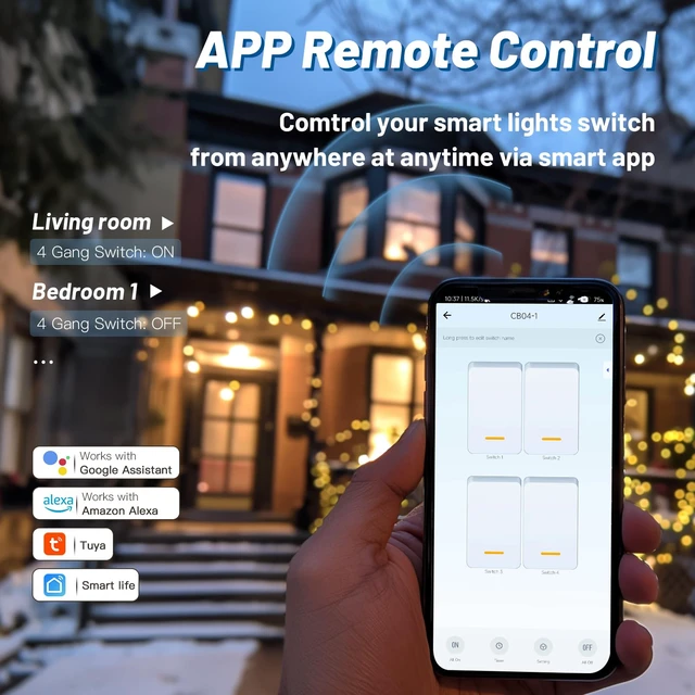 Alt view image 3 of 7 - BSEED Smart Light Switch, 4 Gang WiFi Alexa Light Switch with Remote APP Control and Timing Function, Single Pole Black Light Switches Work with Alexa, Google Assistant, Voice Control, Group Control