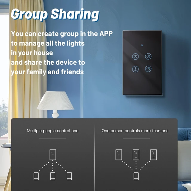 Alt view image 5 of 7 - BSEED Smart Light Switch, 4 Gang WiFi Alexa Light Switch with Remote APP Control and Timing Function, Single Pole Black Light Switches Work with Alexa, Google Assistant, Voice Control, Group Control