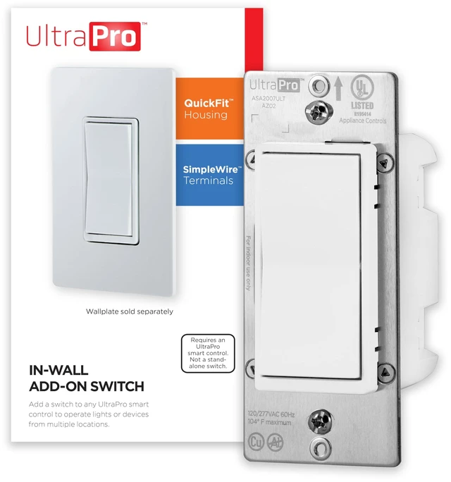 Main image of UltraPro Z-Wave Add-On Switch, Paddle, White, 1 Pack | Line/Load Swapping, Not for Standalone Use, Pair with other UltraPro Z-Wave Switches for 3-Way Setup
