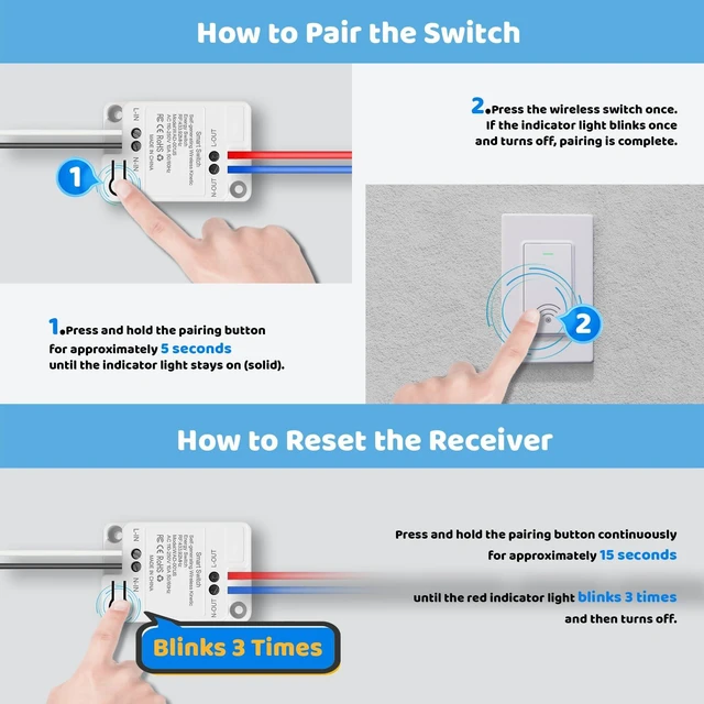 Alt view image 4 of 7 - Avorecta Wireless Remote Light Switch Kit, 1 Switch + 1 Receiver, Battery-Free Wireless Wall Switch, No New in-Wall Wiring, No Wi-Fi,for Bedroom, Garage, Closet