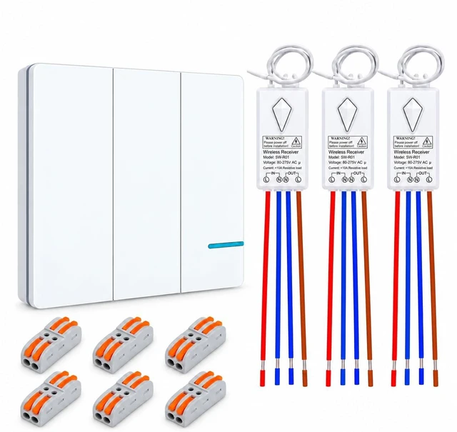 Main image of Thinkbee 3 Gang Wireless Light Switch Kit, RF Remote with Mini Receiver | 3-Zone Lighting Control, 1000W LED Load, IP66 Waterproof, 656ft Indoor RF Range, for Living Room, Garage, Workshop & Office