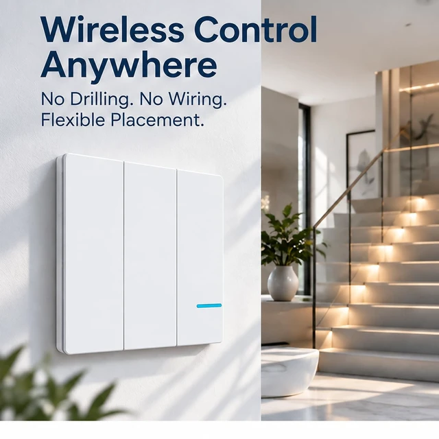 Alt view image 2 of 7 - Thinkbee 3 Gang Wireless Light Switch Kit, RF Remote with Mini Receiver | 3-Zone Lighting Control, 1000W LED Load, IP66 Waterproof, 656ft Indoor RF Range, for Living Room, Garage, Workshop & Office