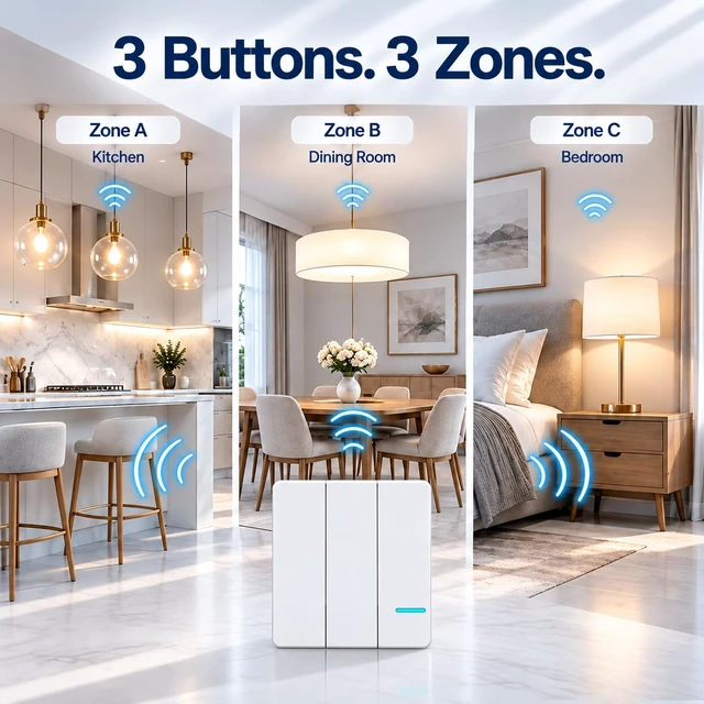 Alt view image 3 of 7 - Thinkbee 3 Gang Wireless Light Switch Kit, RF Remote with Mini Receiver | 3-Zone Lighting Control, 1000W LED Load, IP66 Waterproof, 656ft Indoor RF Range, for Living Room, Garage, Workshop & Office