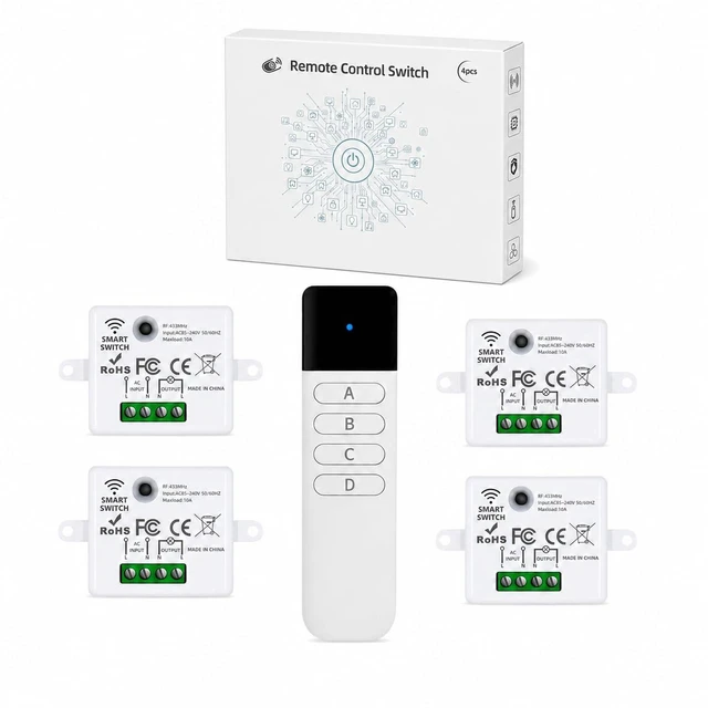 Main image of RenseCum Wireless Light Switch Kit, 10A RF Remote, 1 Switch, 4 Receivers | Remote light switch for LED lamps and ceiling lights; 300FT RF range in open areas, flexible pairing