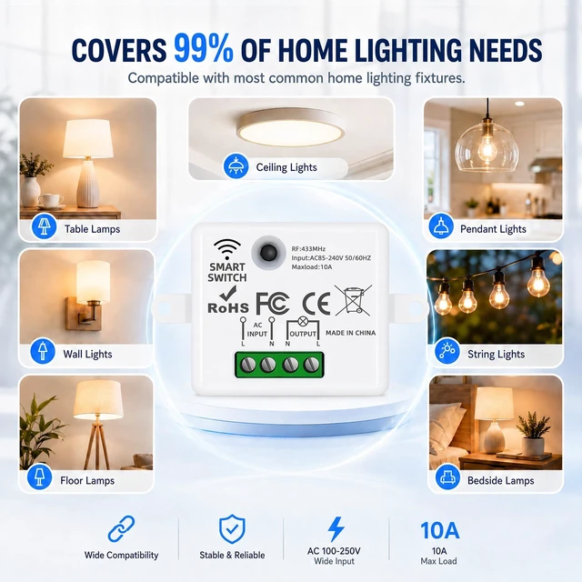 Alt view image 2 of 7 - RenseCum Wireless Light Switch Kit, 10A RF Remote, 1 Switch, 4 Receivers | Remote light switch for LED lamps and ceiling lights; 300FT RF range in open areas, flexible pairing