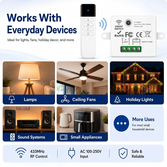 Alt view image 6 of 7 - RenseCum Wireless Light Switch Kit, 10A RF Remote, 1 Switch, 4 Receivers | Remote light switch for LED lamps and ceiling lights; 300FT RF range in open areas, flexible pairing