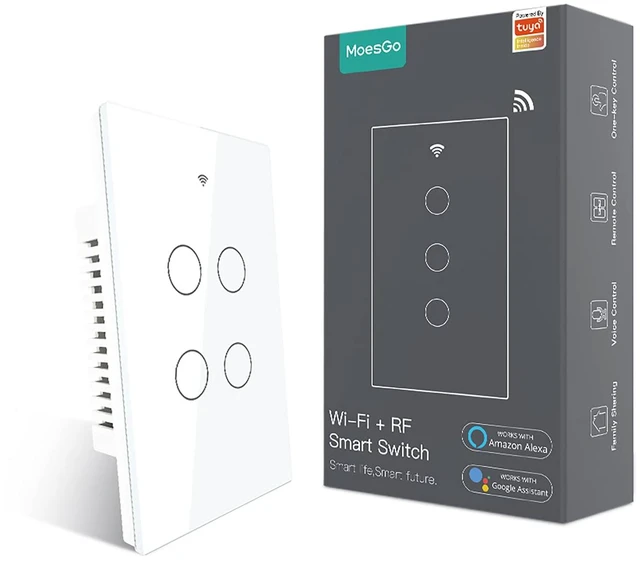 Main image of MoesGo WiFi Smart Wall Light Switch,Glass Panel, Multi-Control(3 Way), 2.4GHz Wi-Fi Touch Switches, Neutral Wire Required, Remote Control Smart Life/Tuya App, Work with Alexa, Google Home White 4 Gang