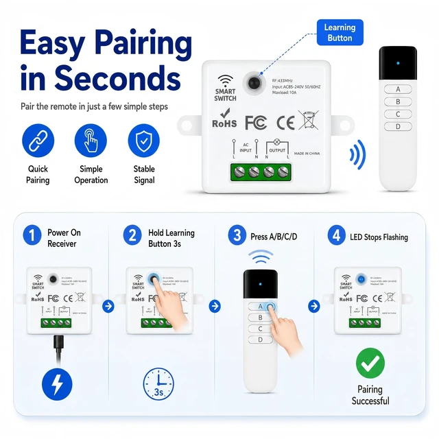 Alt view image 7 of 7 - RenseCum Wireless Light Switch Kit, 10A RF Remote, 1 Switch, 4 Receivers | Remote light switch for LED lamps and ceiling lights; 300FT RF range in open areas, flexible pairing