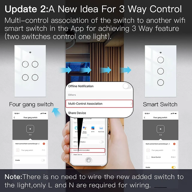 Alt view image 4 of 7 - MoesGo WiFi Smart Wall Light Switch,Glass Panel, Multi-Control(3 Way), 2.4GHz Wi-Fi Touch Switches, Neutral Wire Required, Remote Control Smart Life/Tuya App, Work with Alexa, Google Home White 4 Gang