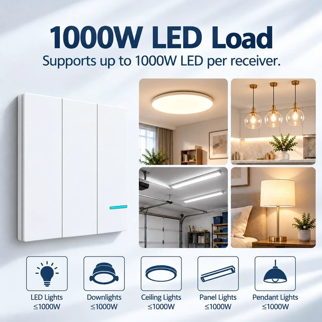 Alt view image 4 of 7 - Thinkbee 3 Gang Wireless Light Switch Kit, RF Remote with Mini Receiver | 3-Zone Lighting Control, 1000W LED Load, IP66 Waterproof, 656ft Indoor RF Range, for Living Room, Garage, Workshop & Office